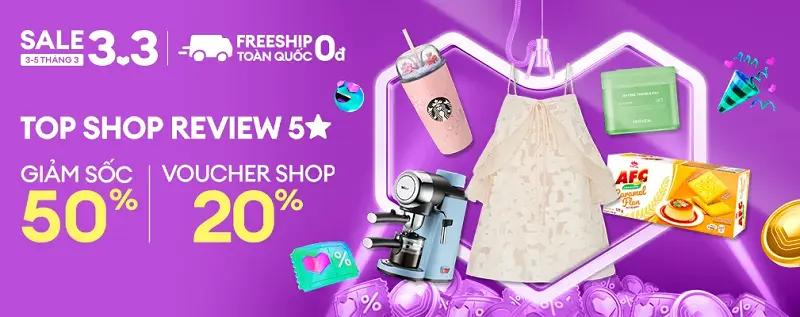 alt text: Hình ảnh các shop uy tín trên Lazada 3.3 cùng thông tin đánh giá và ưu đãi giảm giá.